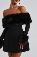 Fur Cuff Off-Shoulder Mini Dress