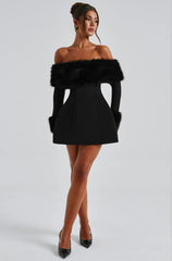 Fur Cuff Off-Shoulder Mini Dress