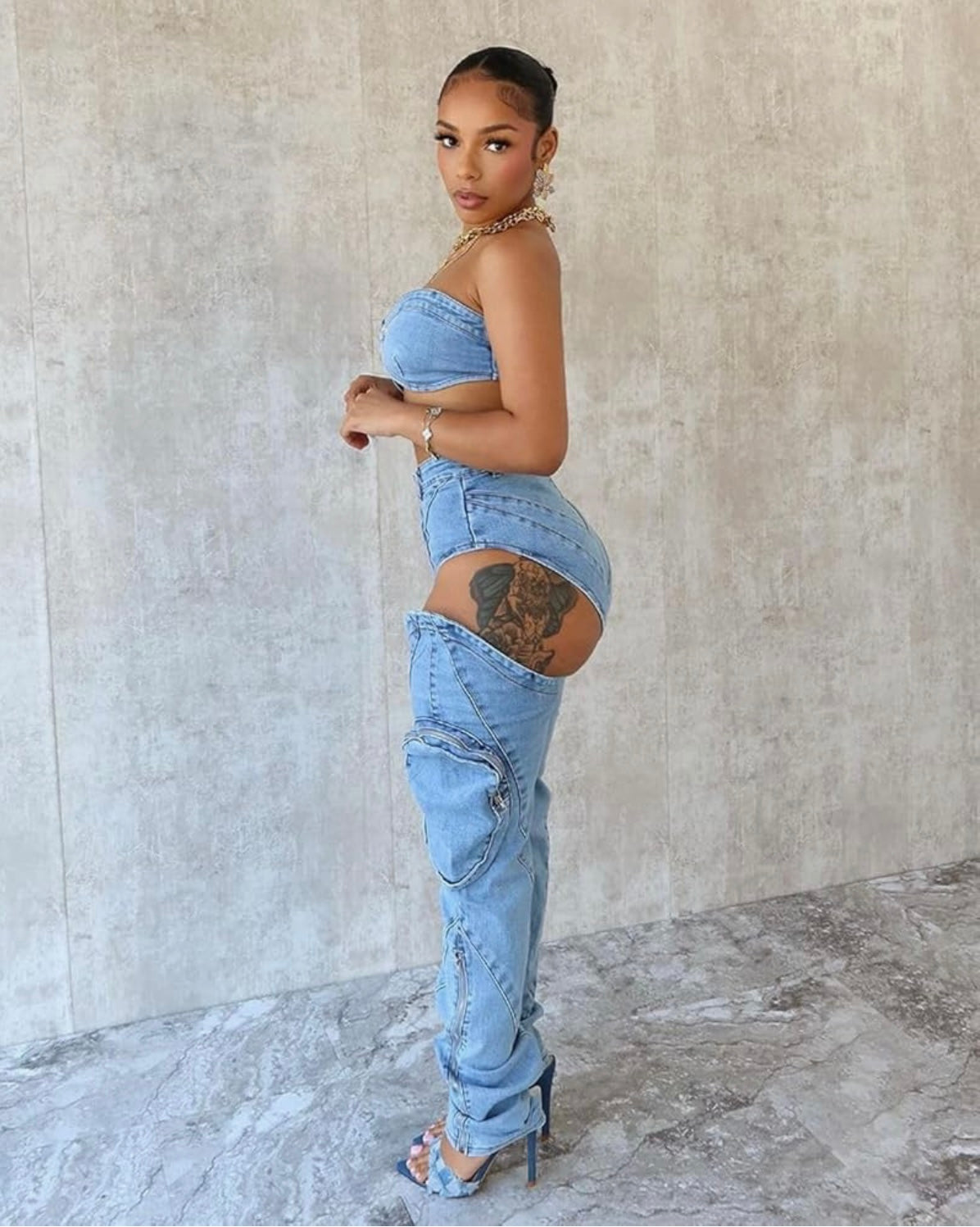 Denim Split Pant Set