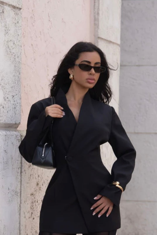 Asymmetric Blazer and Mesh Skirt Set