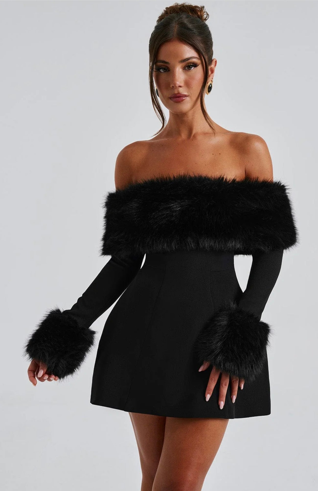Fur Cuff Off-Shoulder Mini Dress