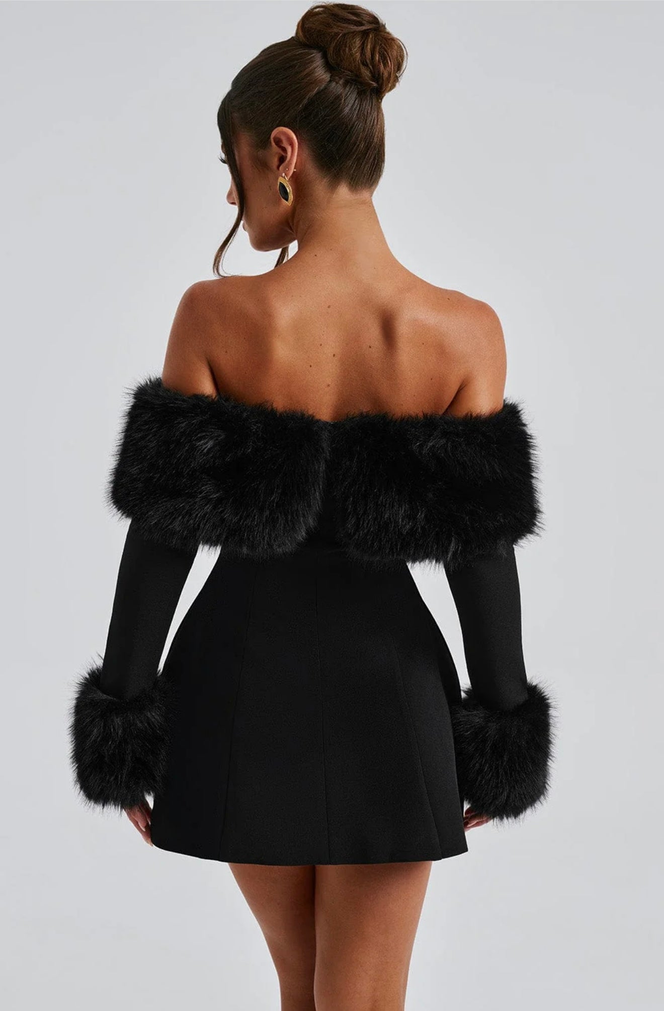 Fur Cuff Off-Shoulder Mini Dress