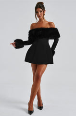 Fur Cuff Off-Shoulder Mini Dress