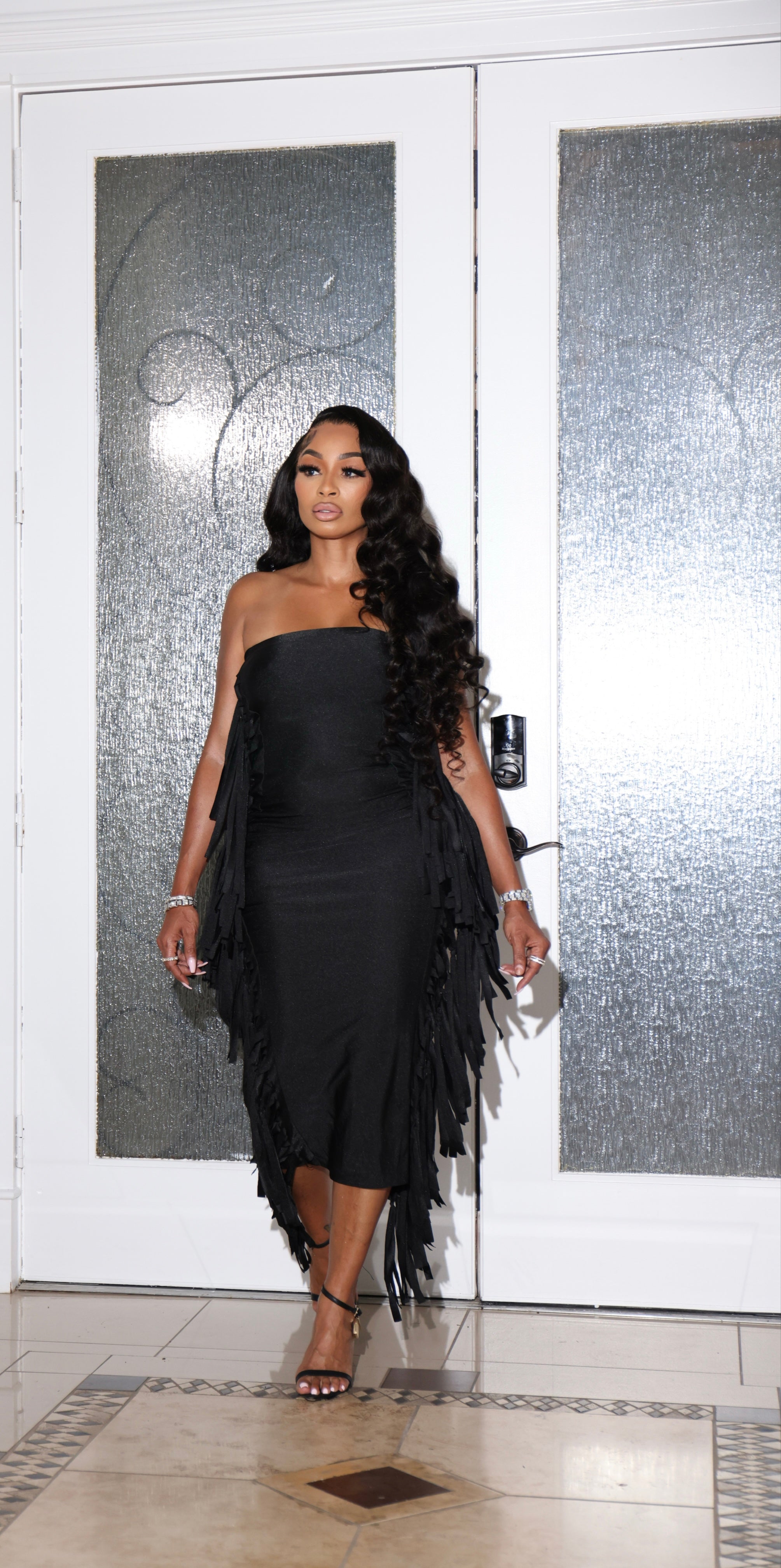 Black Fringe Tube Maxi Dress