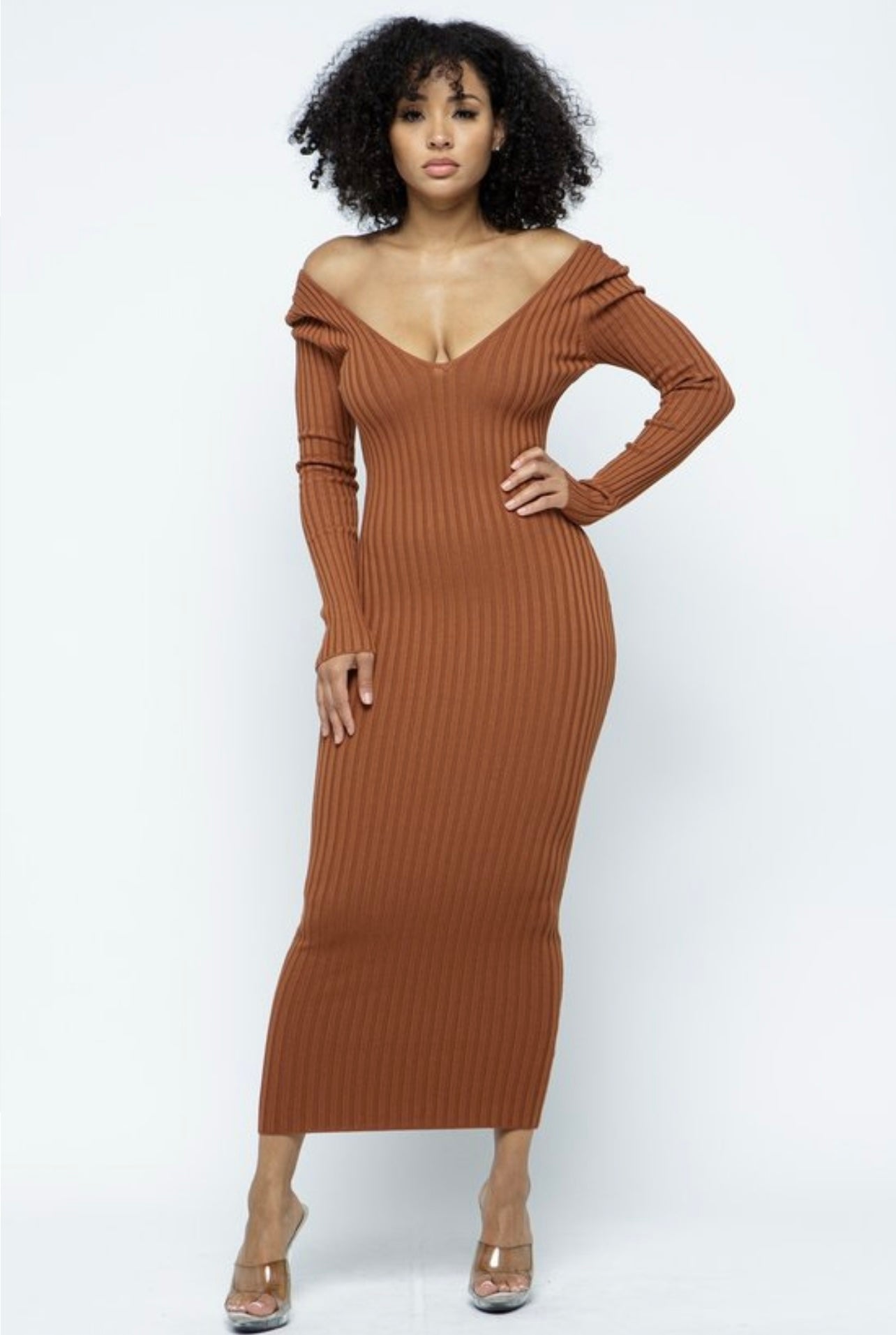 Rust Rib Knitted Maxi Dress