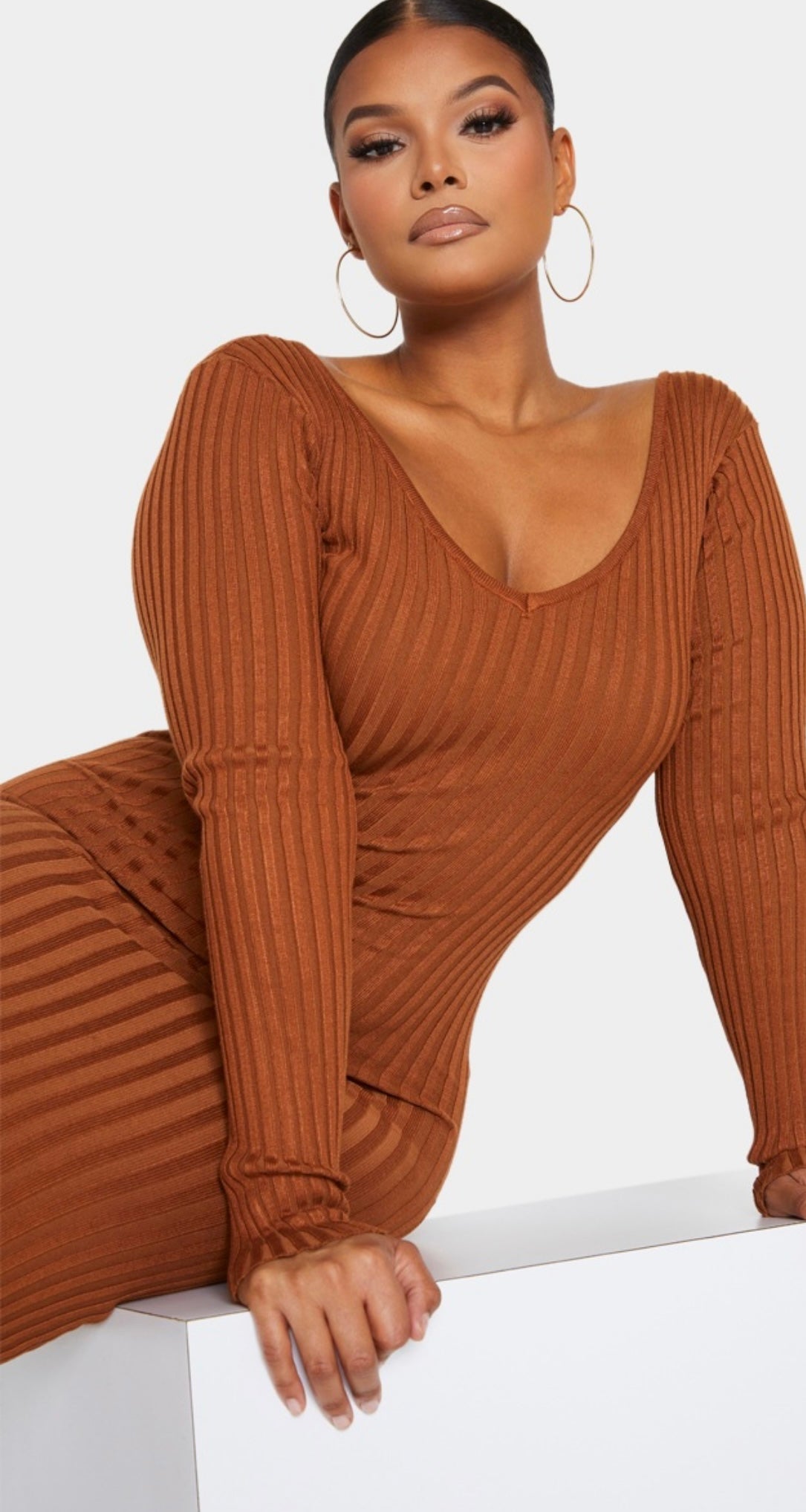 Rust Rib Knitted Maxi Dress